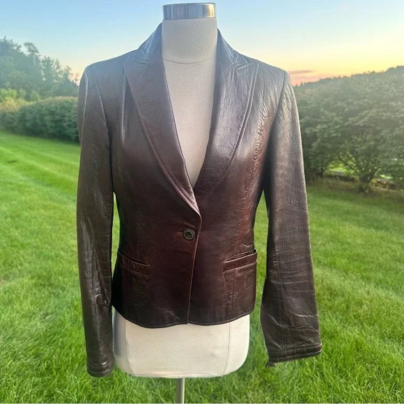 Calvin Klein Brown Leather Button Front Jacket Blazer - Picture 5 of 16